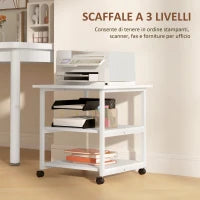 Carrello Porta Stampante a 3 Ripiani con 4 Ruote, Legno e Acciaio, 50x50x52.5cm, Bianco