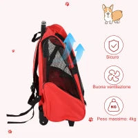 Trasportino Zaino 2 in 1 per Cani e Gatti con Tasche Laterali, Maniglia Telescopica e Ruote, 42x25x55cm, Rosso