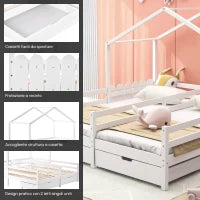 Letto a Casetta con 2 Cassetti su Ruote, Letto per Cameretta, Rete a Doghe, Senza Materasso, in Legno, 200×90 cm, Bianco