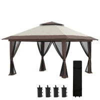 Gazebo Pieghevole, Regolabile in Altezza, 4 Pareti a Rete, Tetto Ventilato, Borsa per Trasporto, Montaggio Rapido, 4 x 4 x 3 m, Beige