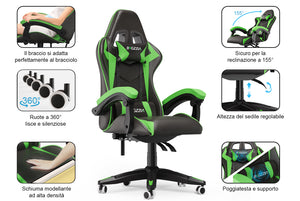 Sedia gaming ergonomica - RATTANTREE - con Supporto Lombare Sedia da Gioco in Pelle Pu con Altezza Regolabile - Vert