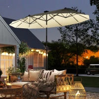 Ombrellone Doppio con Luci LED e Base a Croce, in Poliestere e Acciaio, 295x150x219 cm, Bianco Crema