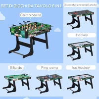 Tavolo da Gioco 6 in 1 con Calcio Balilla, Biliardo, Air Hockey, Ping Pong, Anelli e Hockey su Prato, 118x104x71 cm