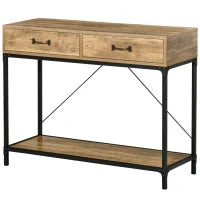 Tavolo Consolle Stile Vintage in Metallo e Legno con 2 Cassetti e Mensola, 100x35x76.5cm, Marrone