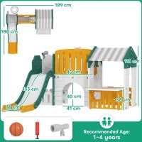 Scivolo 7-in-1 per bambini, per interno ed esterno, con struttura da arrampicata, casetta, lavagna, canestro da basket, 1-4 anni, in plastica, Giallo e Verde