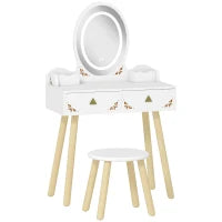 Set Toeletta per Bambini da 3 Anni con Specchio Illuminato e Sgabello, 2 Cassetti e 2 Scatole, Bianco