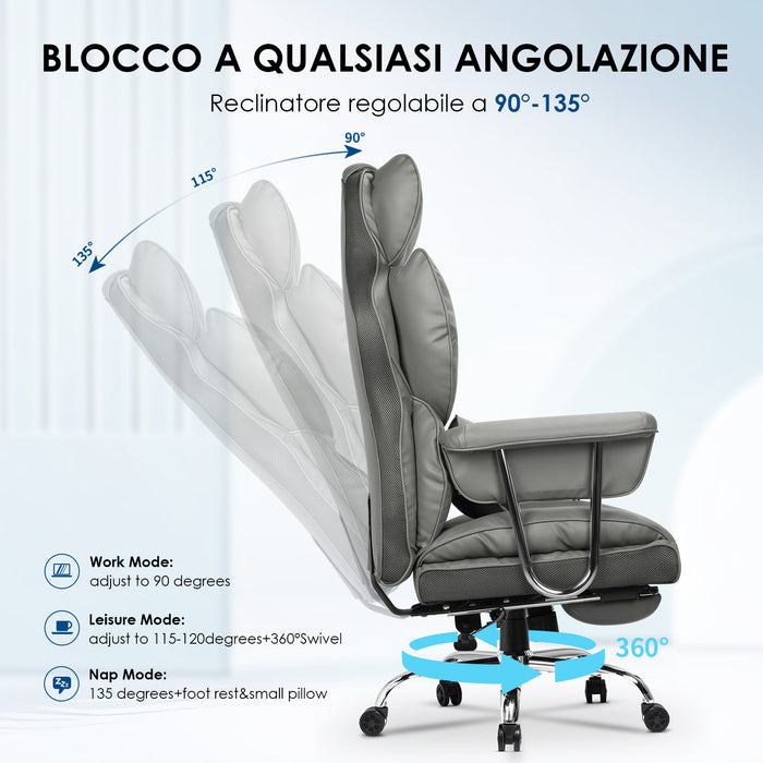 Sedia da Ufficio - RATTANTREE - Poltrona presidenziale - Sedia Girevole con Schienale Alto in Pelle, con Poggiatesta, Bracciolo e Poggiapiedi Retrattile - Grigio