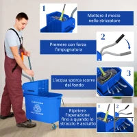 Carrello per Pulizie in Plastica PP da 20L con Secchio e Strizzatore, 60x27x70.5 cm, Blu