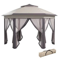 Gazebo 4x4m Impermeabile Pop-up Esagonale Pieghevole, Doppio tetto, Gazebo da Giardino con 6 Pareti Laterali, Tenda da Festa con Borsa da Trasporto Inclusa, Caffè e Beige