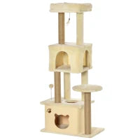 Albero Tiragraffi per Gatti Alto 136 cm con Cuccia Rimovibile, Casetta e Lettino, Pali in Iuta, Beige