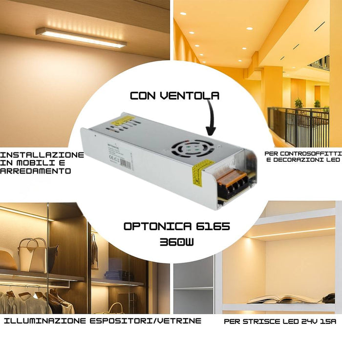 Alimentatore led optonica 6165 360w 24v metallo sottile con ventola
