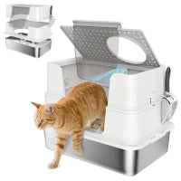 Lettiera per Gatti in Acciaio Inox XL con Coperchio Ribaltabile Laterale Alto Pala Facile da Pulire Antifughe Grigio Chiaro