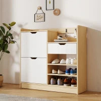Scarpiera Ingresso con Cassetto Ripiani Aperti 4 Ganci per 14 Paia di Scarpe Naturale e Bianco