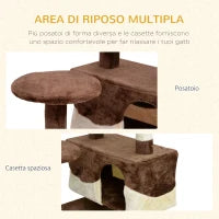 Albero Tiragraffi per Gatti in Peluche e Sisal con Cucce e Pallina 50×50×134.5cm Caffè e Crema