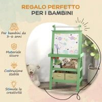 Lavagna per Bambini con Cavalletto 3 in 1, Rotolo di Carta e 2 Contenitori, in Legno, 59x48x118 cm, Verde