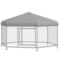 Recinto per Cani Taglia Media con Tetto in Tessuto Oxford Anti UV, 2.1x1.85x1.2m, Argento e Grigio