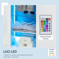 Mobiletto da Salotto Bianco in Truciolato e Metallo con Luci LED Blu, 3 Ripiani Aperti e Armadietto, 75x35x82 cm