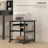 Carrello Porta Stampante a 3 Ripiani con 4 Ruote, Legno e Acciaio, 50x50x52.5cm, Nero