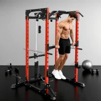 Stazione Fitness con Supporto per Bilanciere e Barra per Trazioni e Dip, in Acciaio, 191x153x205 cm, Rosso e Nero