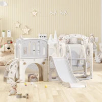 Scivolo per bambini con altalena, piattaforma, armadietto,gioco di perforazione, canestro basket e scala,Grigio+Bianco