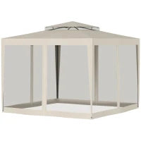 Gazebo da Giardino 3x3m con Zanzariera, Doppio Tetto e Telaio in Metallo, Beige