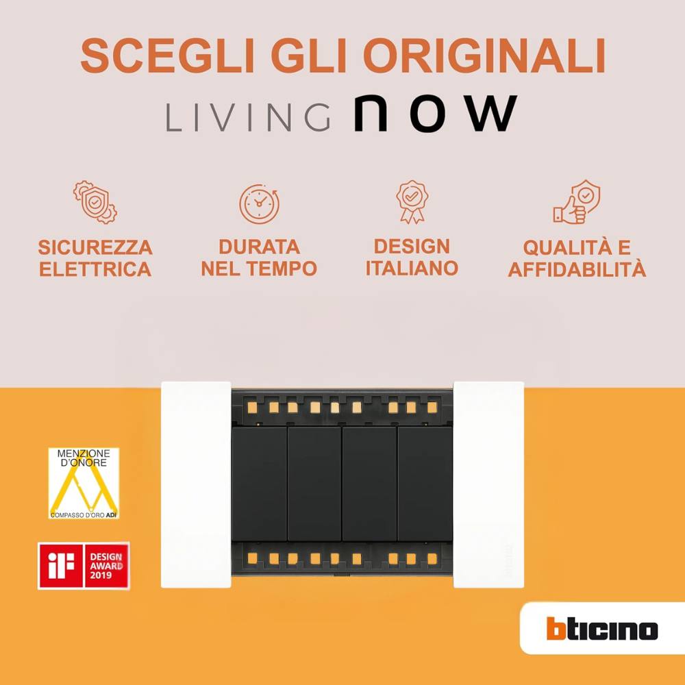 Bticino living now placca bianca in plastica per supporti modulari *** numero posti 4 moduli, confezione 1