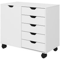 Mobile da Ufficio con 5 Cassetti, 1 Porta, Mensola Regolabile, Supporto Stampante Ruote, 78x40x66,5 cm, Bianco