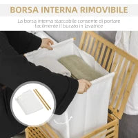 Cesto Portabiancheria a Doghe in Bambù e Poliestere con Coperchio e Sacca Rimovibile, 50x36x60 cm