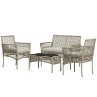 Set da Giardino in Rattan da 4 Pezzi con 2 Poltroncine, Divano e Tavolino da Caffè, Kaki e Nero