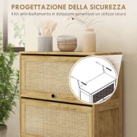 Mobile Cucina in stile Boho con 4 Ante a Ribalta, in Truciolato e Rattan, 70x32x132.8 cm