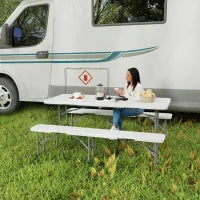 Set da Pic Nic Pieghevole a 3 Pezzi con Tavolo e 2 Panche in HDPE e Metallo, Bianco e Grigio Chiaro