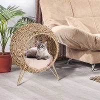 Cesta Rialzata per Gatti Fino a 10kg in Rattan PE Marrone (Φ52x58cm)