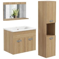 kleankin Set di Mobili per il Bagno Armadietto Specchiera, Mobile Sottolavabo Sospeso con Lavabo, Colonna, Naturale