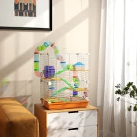 Gabbia per Criceti o Roditori, 4 Piani con Tunnel, Mangiatoia, Ruota, Casetta, Scale, 46L x 30P x 58A cm, Arancione