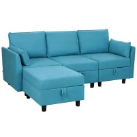 Divano Componibile Modulare 3 Posti con Pouf Poggiapiedi e Cuscini, Rivestimento in Flanella, Blu