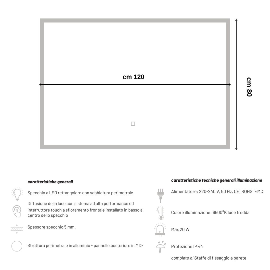 Specchio 5 mm rettangolare squadrato cornice led interruttore touch *** misure 120x80 cm, tonalità standard 6000-650...