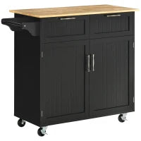 Carrello da Cucina Multiuso in Legno con 2 Cassetti, Armadietto e 4 Ruote, 104x46x91cm, Nero
