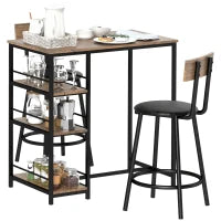 Set da Cucina da 3 Pezzi con Tavolo da Bar e 2 Sedie, con Mensole Laterali, MDF, Metallo, Nero