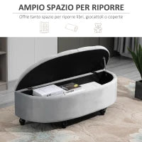 Panca Contenitore Fondoletto Imbottita a Semicerchio, Velluto e Legno, 120x46x42 cm, Grigio Chiaro