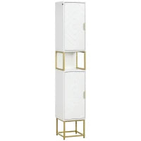 kleankin Colonna Bagno con 2 Armadietti e Ripiano in MDF e Acciaio, 30x30x170.7cm, Bianco e Oro