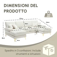 Divano componibile moderno grande in Chenille a forma di U, con Doppi Sedili Reclinabili,  Beige