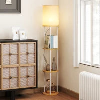 Lampada da Terra con Ripiani e Telecomando, 3 Temperature Colore, Legno Naturale