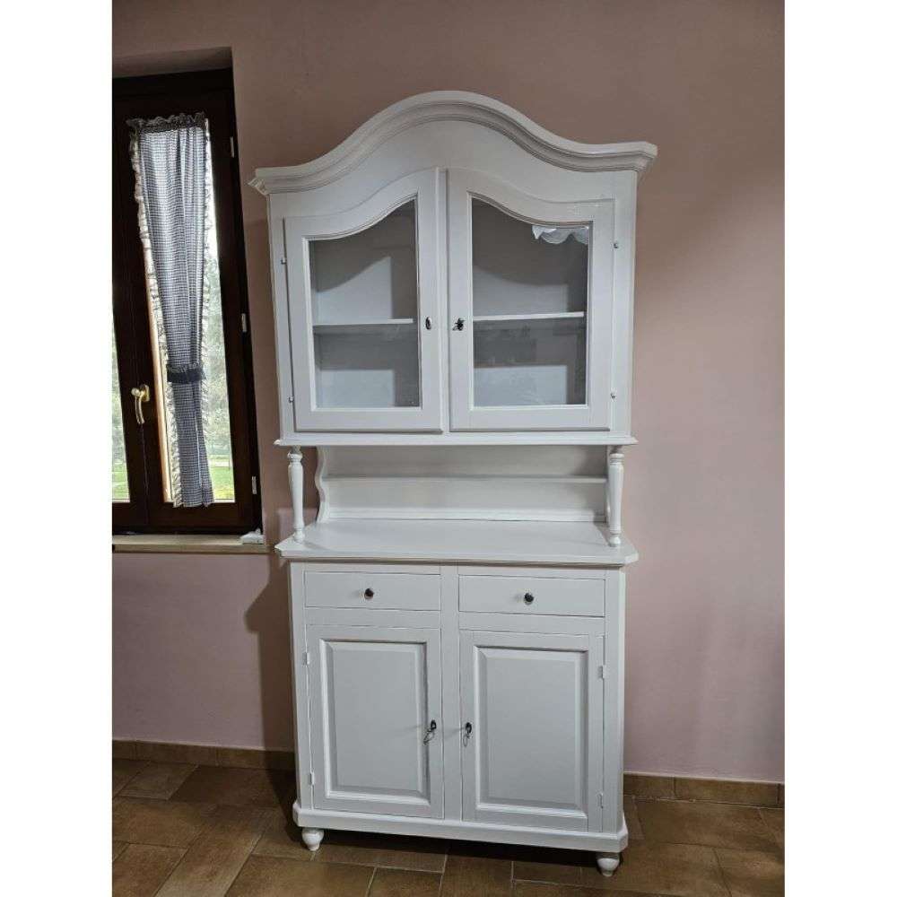 Cristalliera 4 ante 2 cassetti in stile classico in legno e mdf con rifinitura in bianca 104x43x220 H