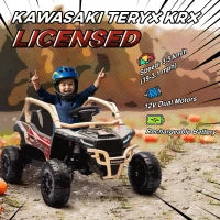 Macchina Elettrica per Bambini 3-8 Anni 12V con Licenza KAWASAKI, Doppio Motore, Telecomando e Musica, Giallo