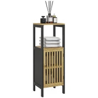 Mobiletto Bagno con Ripiano Aperto e Armadietto, in MDF e Bambù, 32x30x90.5 cm, Nero e color Legno