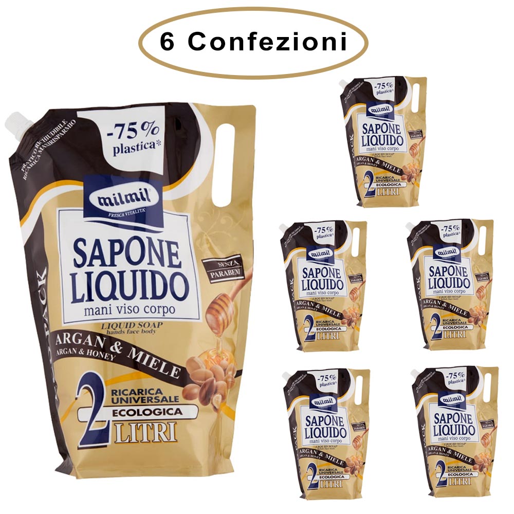 Mil mil sapone liquido argan & miele ricarica maxi risparmio 6 confezioni da 2000 ml