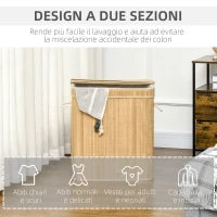 Cesto Portabiancheria da 90L Pieghevole con 2 Scomparti, Coperchio e Manici in Bambù