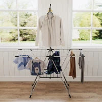 Stendibiancheria Verticale Pieghevole con Ali Regolabili 4 Supporti per Scarpe Barra e Ripiano 139x62,5x201 cm Argento