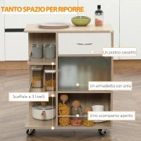 Carrello da Cucina Portavivande con Cassetto, Ripiani e Armadietto in Legno, Acciaio e Vetro, 65x39x80cm