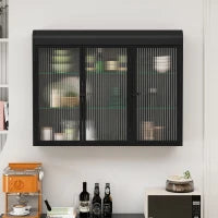 Armadio a Muro a 3 Ante in Vetro con Design Curvo, Spazio di Archiviazione Versatile，per Soggiorno e Bagno, 90×20×70 cm, Nero